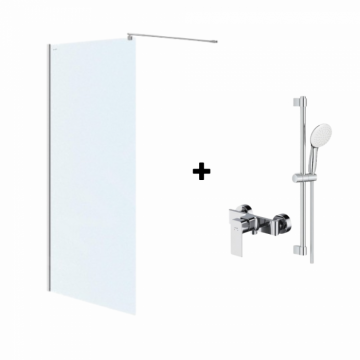 Set paravan dus sticla securizata walk-in 90x200 cm Mediterraneo Foxy, bara, para dus si furtun, Grohe New Tempesta 110 si baterie dus Cersanit Suaro