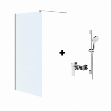 Set paravan dus walk-in 100x200 cm Cersanit Mille, profil crom, cu bara, para dus si furtun, Hansgrohe si baterie dus, culoare crom, Cersanit Suaro