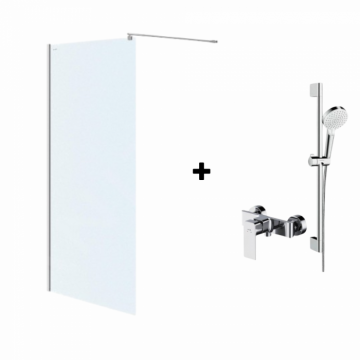 Set paravan dus walk-in 90x200 cm, crom lucios, Mediterraneo Foxy, bara, para dus, furtun, Hansgrohe si baterie dus Cersanit Suaro