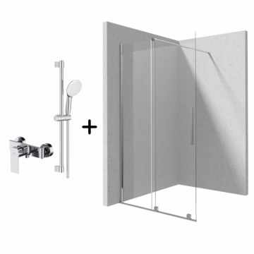 Set paravan dus walk-in cu usa glisanta, 100x195 cm, crom lucios, Deante Prizma cu baterie, para dus cu bara si furtun, Grohe New Tempesta 110