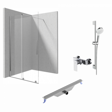 Set paravan dus walk-in cu usa glisanta, 100x195 cm, rigola 700 mm cu iesire laterala, para, para dus, furtun Hansgrohe si baterie dus